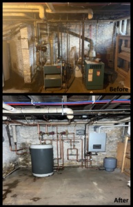 Basement boiler system before-and-after upgrade in Mukwonago, WI