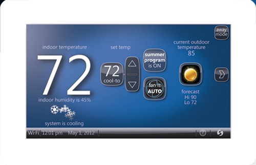 Digital thermostat display showing system settings in Mukwonago, WI

